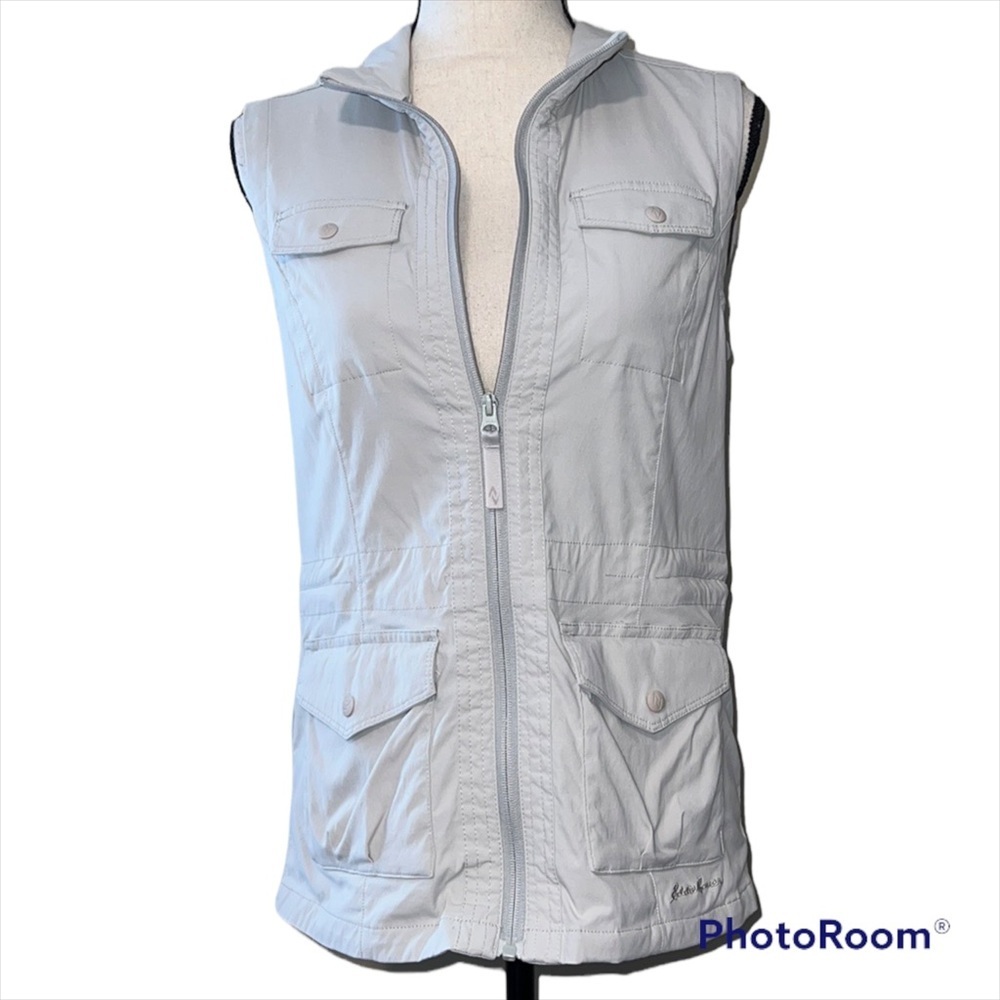 Eddie Bauer S atlas 2.0 grey vest zip front 4 front pockets & pocket inside flaw